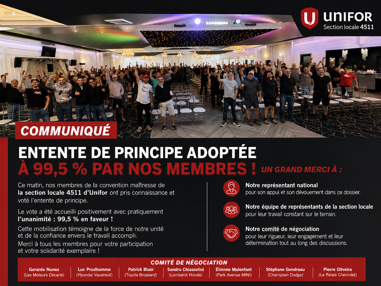 UNE ENTENTE DE PRINCIPE ADOPTÉE À 99,5 %